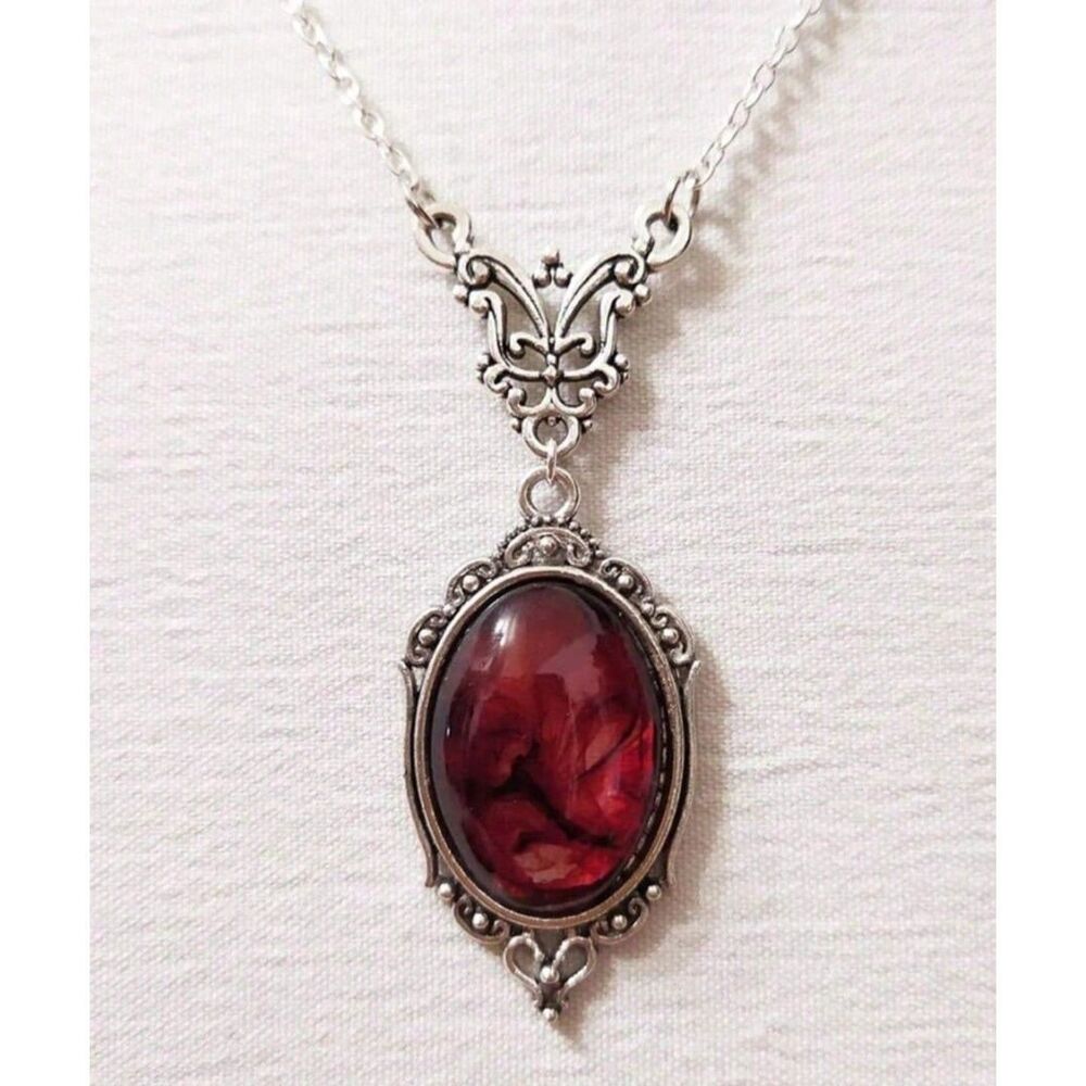 Oval Red Quartz Gemstone Pendant Necklace Silver Victorian Style Crystal Charm